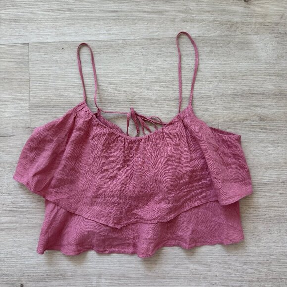 Zara Crop Pink Linen Cami Top Ruffle Spaghetti Strap Boho Medium - Picture 1 of 5
